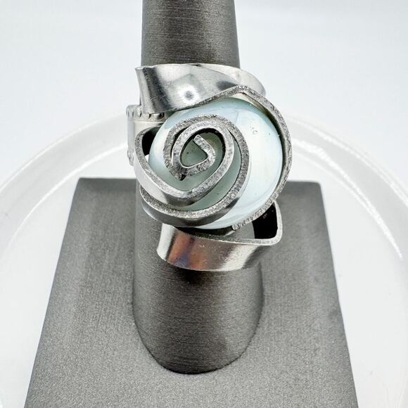 Vintage Swirl Fork Ring Iridescent Stone Handmade Unique Artisan Statement - Picture 6 of 10